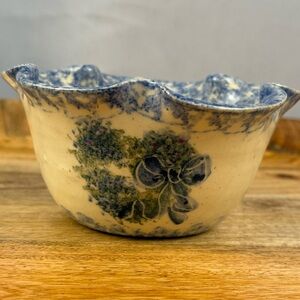 Handmade Spongeware Bowl Blue Scalloped Edge Signed Miller